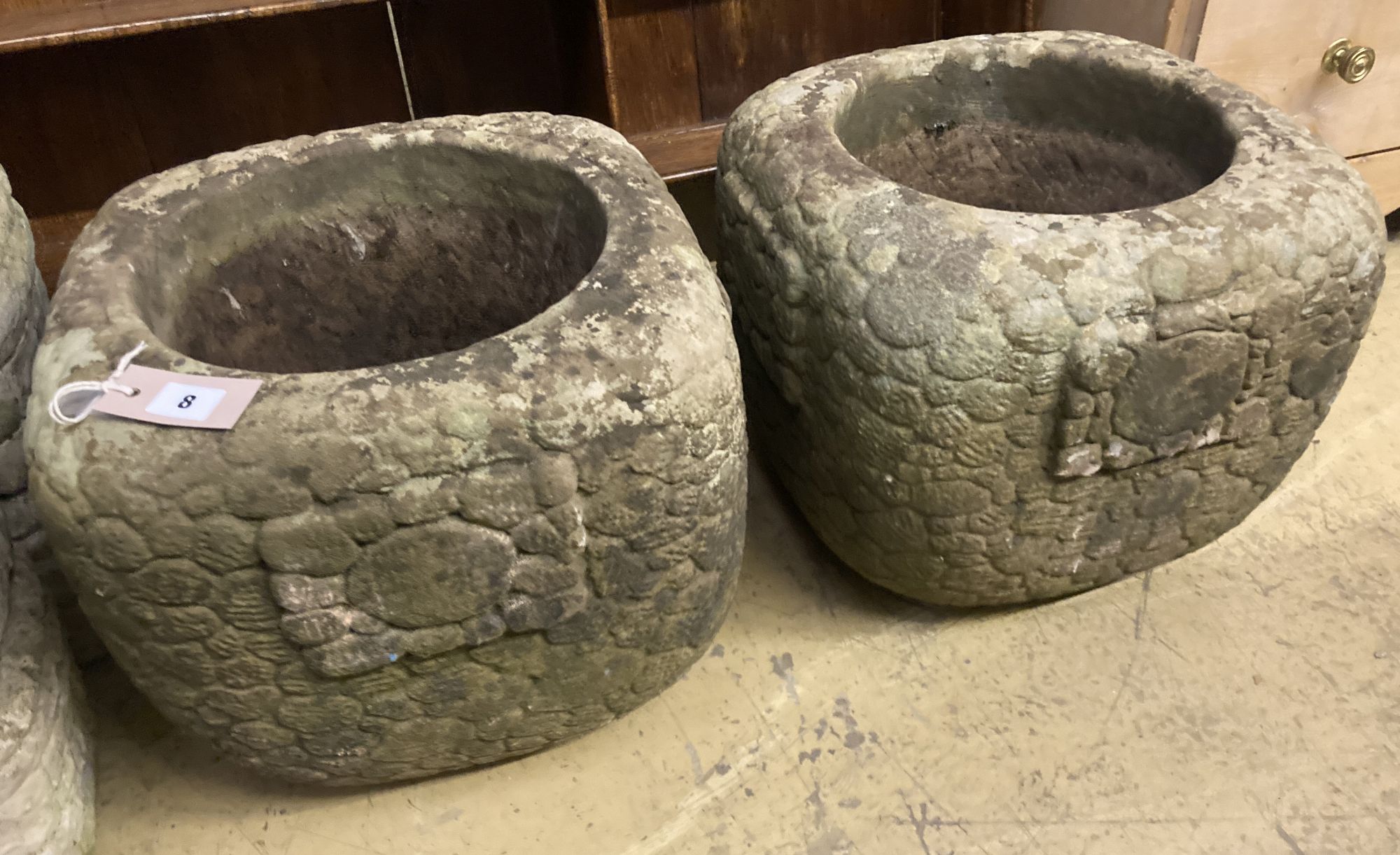 A pair of square pebble effect reconstituted stone garden planters, width 39cm, height 33cm